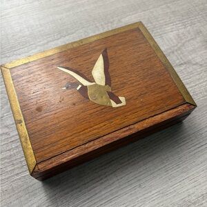Mid-century Wooden Trinket Box Marquetry Flying Mallard Duck Brass Trim